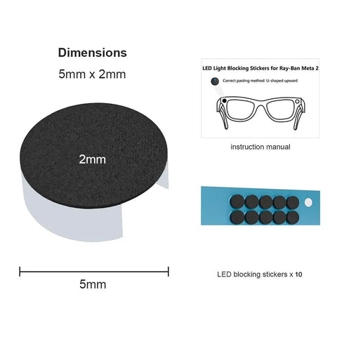 Ultra Thin LED Light Blocker Covers For Meta Smart Glasses Privacy Shield dimensions and instructions with 10-pack stickers