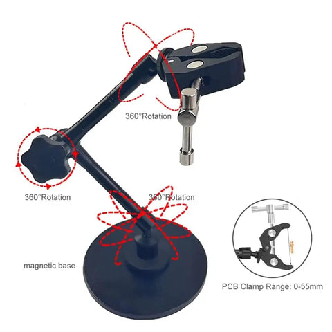 Magnetic Soldering Clamp With 5.5CM Jaw Opening And 360 Degree Rotation Frame, showing rotating frame and magnetic base.