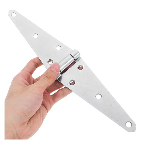 Hand holding a Beefy Heavy Duty Rotating Concealed Door Hinges Set piece for shed doors and wooden fences, silver metal