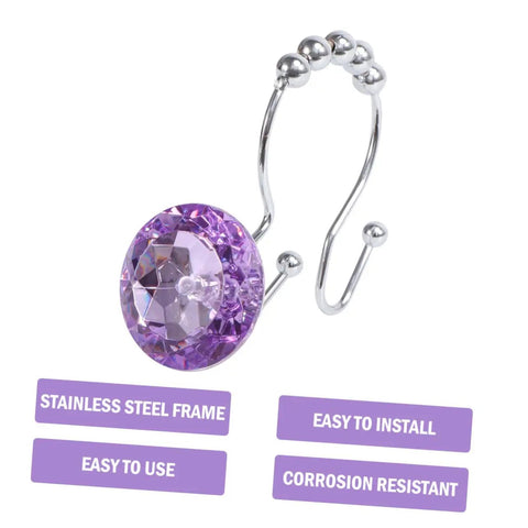 Purple Stainless Steel Shower Curtain Rings Set With Rust Resistant Double Hooks For Slick Glide And Easy Hanging Of Curtain And Liner, Decorative Rhinestone Bathroom Hooks