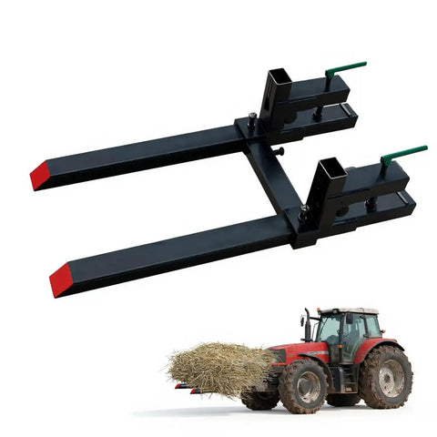 Beefy Clamp On Pallet Forks For Tractor Bucket 43 Inch Quick Attach Loader With 2000 Lbs Capacity attached to red tractor