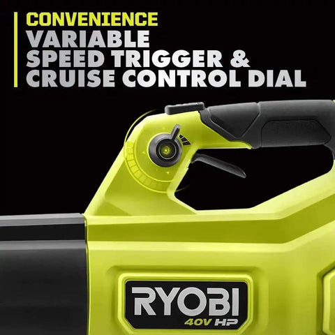 Bad Boy Cordless Leaf Blower Featuring A Smooth Brushless Motor That Runs Quiet While Cranking Out 160 MPH Winds For Tough Yard Work No Sweat Guaranteed Easy Setup Every Time Tool Only close-up of variable speed trigger and cruise control dial.