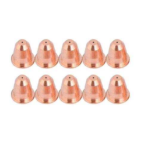 Top Grade Plasma Cutter Tips Set Featuring 10 Electrodes And Nozzles For S25 And S45 Machines showing ten copper nozzles arranged neatly.