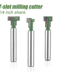 3 Piece Keyhole Router Bits With One Quarter Inch Shank For T Slot Cutting And Hex Bolt Mounting displayed with silver steel shanks.