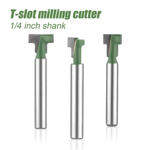 3 Piece Keyhole Router Bits With One Quarter Inch Shank For T Slot Cutting And Hex Bolt Mounting displayed with silver steel shanks.