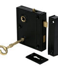 Heavy Duty Cast Iron Rim Lock Built To Last With Weather And Rust Resistance For French And Screen Doors, manual latch, key, black finish