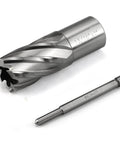 Annular cutter 13/16 in diameter with 3/4 in Weldon shank and pilot drill bit, HSS steel, diagonal view
