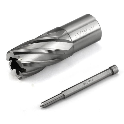 Annular cutter 13/16 in diameter with 3/4 in Weldon shank and pilot drill bit, HSS steel, diagonal view
