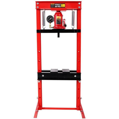 Built Different 20 Ton Hydraulic Shop Press Heavy Duty Steel Garage Powerhouse for pushing metal parts, featuring a red frame.