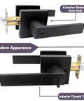 Privacy Door Lever With Lock Matte Black Door Handle Set showing exterior coin release and interior thumb turn.