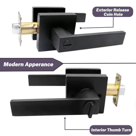 Privacy Door Lever With Lock Matte Black Door Handle Set showing exterior coin release and interior thumb turn.