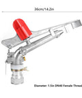 All Season Farm Irrigation Sprinkler With Adjustable Impact Spray Gun And Nozzle Set showing 1.5in female thread connection and zinc build.