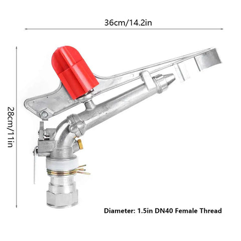 All Season Farm Irrigation Sprinkler With Adjustable Impact Spray Gun And Nozzle Set showing 1.5in female thread connection and zinc build.