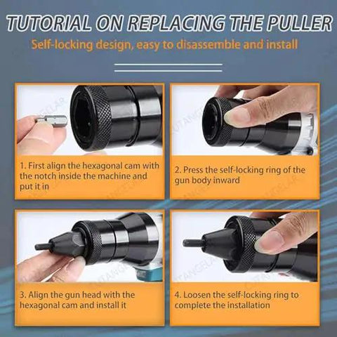 Heavy Hitter Cordless Rivet Gun With 26V Lithium Ion Batteries demonstrating puller replacement tutorial steps.