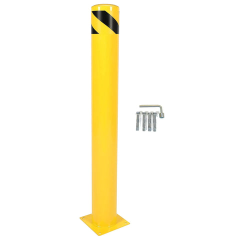 Two Beefy 42 Inch Steel Safety Bollards Rock Solid Parking Barrier Posts Powder Coated Finish shown with mounting hardware.