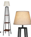 Farmhouse Style 65 Inch Floor Lamp With Three Tier Wood Shelves And Beige Linen Drum Shade Tall Standing Reading Light For Living Room Bedroom And Office