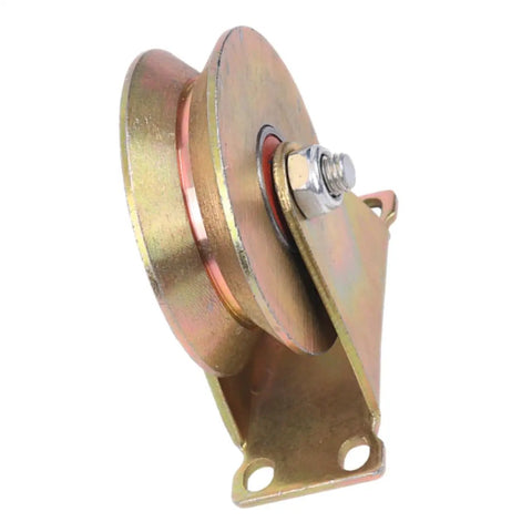 Side view of 4 Inch V Shaped Bracket Cable Pulley Wheel With Ball Bearings For Heavy Duty Wire Rope Lifting And Material Handling
