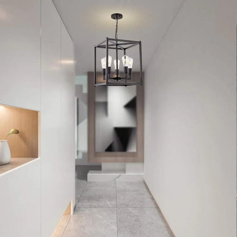 Five Light Black Lantern Pendant Chandelier For Foyer And Dining Room in hallway, bird cage metal frame, LED compatible