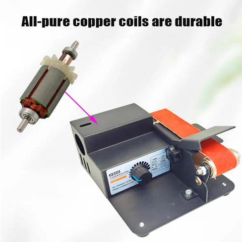 Mini Belt Grinding Machine With Stepless Speed Control For Rust Removal Polishing Engraving And Derusting Durable Sanding Tool close-up of durable copper motor and main unit.