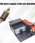 Pro Level Micro Belt Sander And Polisher showing copper coil motor, durable steel body, compact design for DIY tasks.