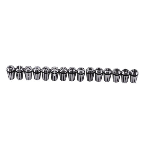 Super Tough 15 Pc Spring Collet Set ER11 High Carbon Steel arranged in a row, ideal for CNC Router Mill and Lathe setups.