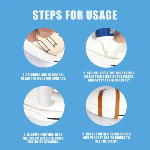 Steps for using Premium Shoe Glue Sole Repair Adhesive For Sports And Climbing Shoes, showing application and bonding process.