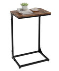 C Shaped End Table for Couch and Small Spaces with brown finish, featuring books and a cup, under sofa side table that slides.
