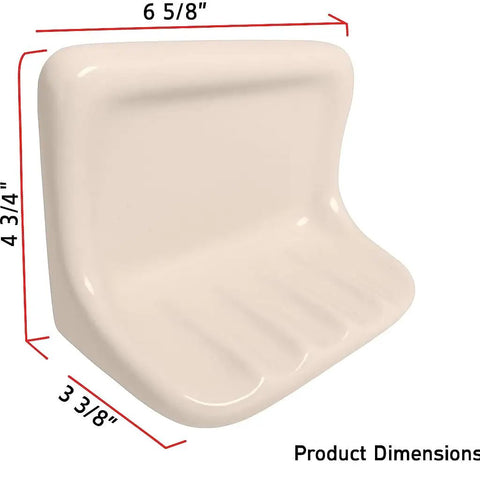 Bone Almond Ceramic Soap Dish Holder For Bathroom Walls With Glazed Finish, dimensions labeled, designed for tile mounting