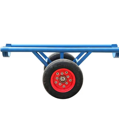 Premium Power Pole Transporter Single Hand Dolly Hauler Rig For Cement Bags And Electrical Hardware. Blue steel frame with red wheels.
