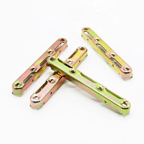 Premium Steel Bed Rail Brackets And Frame Hardware For Wooden Headboards Footboards Quick Install Kit with four steel connectors.
