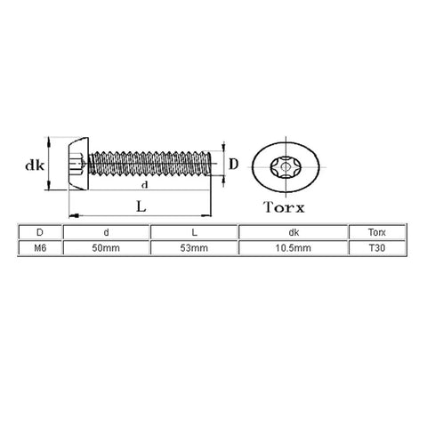 Heavy Duty M6 X 50mm 304 Stainless Steel Button Head Torx Security Screws With T30 Locking Bits For Auto Shop And Garage Jobs diagram with measurements.
