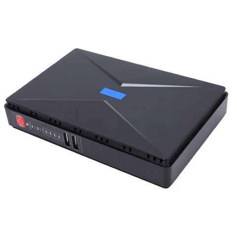 Mini UPS Battery Backup For Routers And Modems 8800mAh Uninterruptible Power Supply in sleek black design, side view.