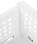 Close-up of Corner Joint of Straight Up Sleek White Plastic Foldable Storage Basket Pull Out Wardrobe Drawer Organizer.