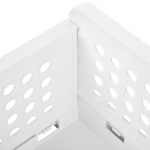 Close-up of Corner Joint of Straight Up Sleek White Plastic Foldable Storage Basket Pull Out Wardrobe Drawer Organizer.