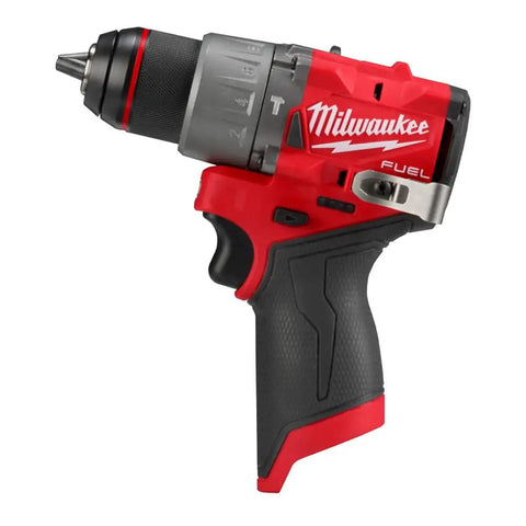 M12 Fuel Half Inch Hammer Drill Driver with Brushless Motor Ultra Lightweight 2.6 lbs, all-metal chuck, ideal for tight spaces.