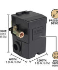 Pro Grade Heavy Duty Air Compressor Pressure Switch 90-125 PSI With Unloader Valve, 26A, One Quarter Inch NPT Single Port, black box design.