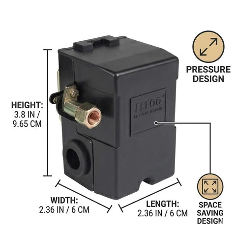 Pro Grade Heavy Duty Air Compressor Pressure Switch 90-125 PSI With Unloader Valve, 26A, One Quarter Inch NPT Single Port, black box design.