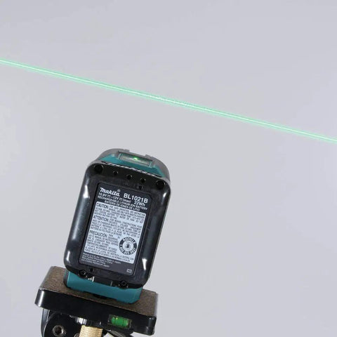 Tough As Nails 12V Max Cordless Self Leveling Green Beam Laser Kit showing battery and green laser line for precise leveling.