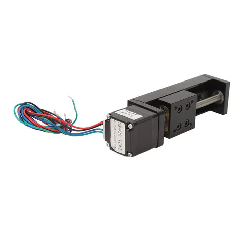 Rock Solid Mini Linear Rail Slide Actuator Featuring 50mm Stroke Premium Alloy Stepper Motion Stage with stepper motor and lead screw.