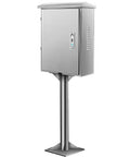 Rugged Outdoor Ev Charger Pedestal Box Floor Mounted With Heavy Duty Stainless Shield And Secure Key Lock To Keep Your Setup Gassed Up And Locked Down All Year Long, stainless steel housing, detailed design, lock feature.
