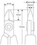 Technical drawing of Diagonal Cutting Pliers 8142 With ESD Safe Handles and specifications for copper cutting capacity and dimensions.