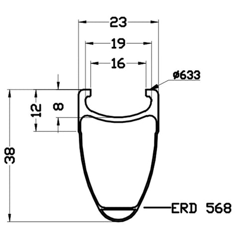 Technical drawing of Dope Carbon Road Wheelset with Basalt Braking Surface, 38mm rim depth, 23mm inner width, 700c clincher.