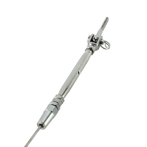 Close-up of 316 stainless steel tensioner from 10 Pack 1/8 Inch Cable Railing Kit With 316 Stainless Steel Swageless Tensioners Welded Forks Eye Terminals And Wood Screws For Easy Quick Install Marine Grade Rustproof Hardware For 36 Inch Railings