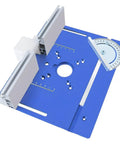 Heavy Duty Aluminum Router Table Insert Plate With Precision Miter Gauge And Butter Smooth Glide Track For Knockout Woodworking Cuts And Pro Level Routing Projects In Classic Blue, showing detailed setup and miter gauge.