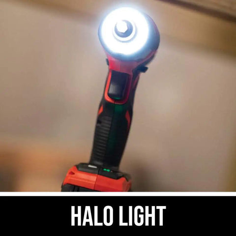 Close-up of Two Tool Drill Combo Kit with Brushless 12V Drill Driver Halo Light illuminated, side view, compact and red.