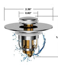 Heavy Duty Slick Universal Sink Stopper Replacement Chrome Bath Plug Bathroom Upgrade No Sweat Quick Install Fits All Standard Drains Waterproof Easy Grip with water splashes and dimensions shown.