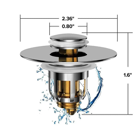 Heavy Duty Slick Universal Sink Stopper Replacement Chrome Bath Plug Bathroom Upgrade No Sweat Quick Install Fits All Standard Drains Waterproof Easy Grip with water splashes and dimensions shown.