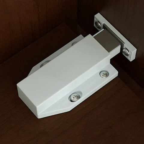 Heavy Duty Cabinet Door Push Latch With Magnetic Touch For Single Doors, white ABS, installed inside wooden cabinet