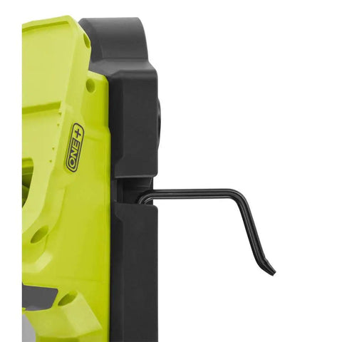 Side view of OneAnd 18V Cordless Compact Band Saw 2-1/2 Inch Capacity Tool Only P590 showing metal hook attachment.