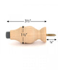 3 5/8 Inch Wall Mount Victorian Maple Wood Door Stopper With Rubber Tip, side view showing measurements, unfinished ready to paint